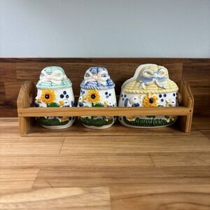 Vintage Ceramic Duck Salt & Pepper Shakers, Napkin Holder, In Wooden Rack